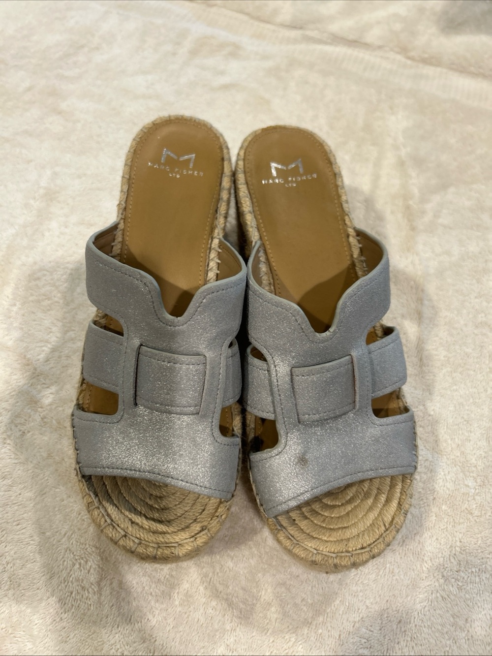 Marc Fisher Metallic Silver Espadrille Slide Wedges 9-9.5 Leather